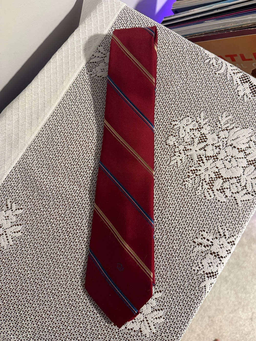 Dior Men's Burgundy Tie with Blue and Tan Stripes
